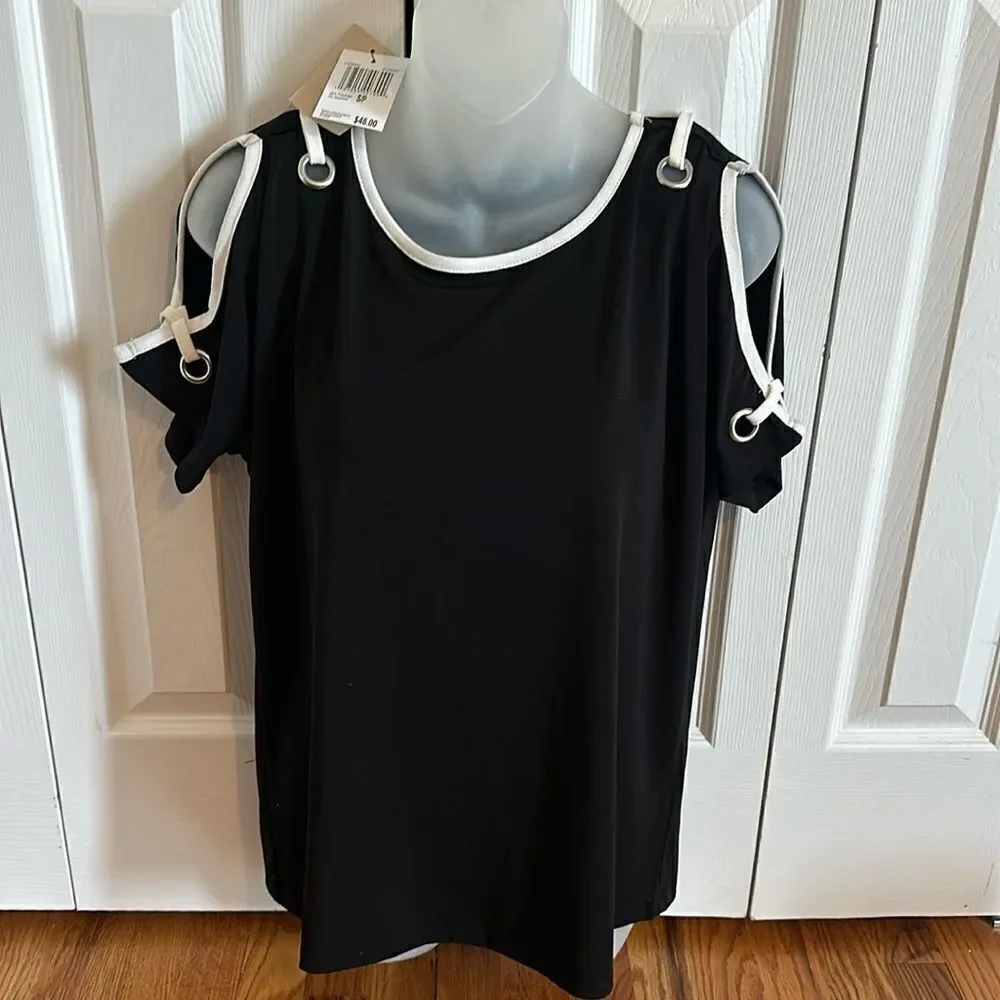 Carmen Marc Valvo Black White Peep Shoulder Top Shirt Blouse Small S NWT - Picture 2 of 6